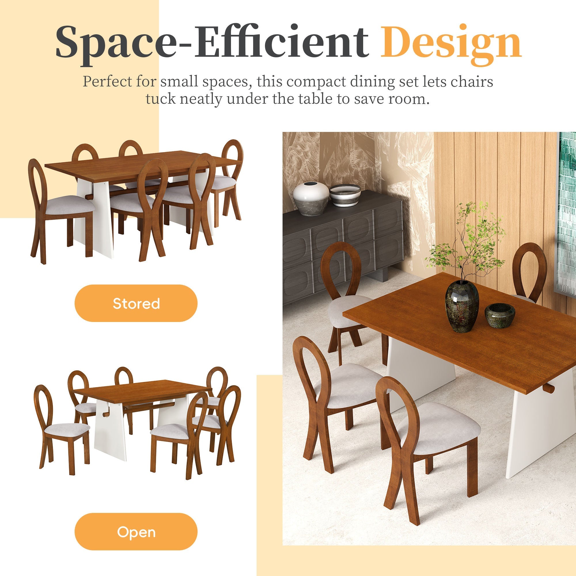 Modern 7-Piece Dining Table Set with Trestle Dining Table and 6 Sangria Beech