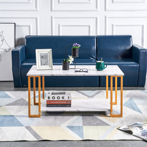 D&N Coffee Table, 2 Layers 1.5cm Thick Marble MDF Rectangle 39.37  L Tabletop Iron Coffee Table , Dining Room, Coffee Shop, Resterant, White Top, Gold Leg CJDropshipping