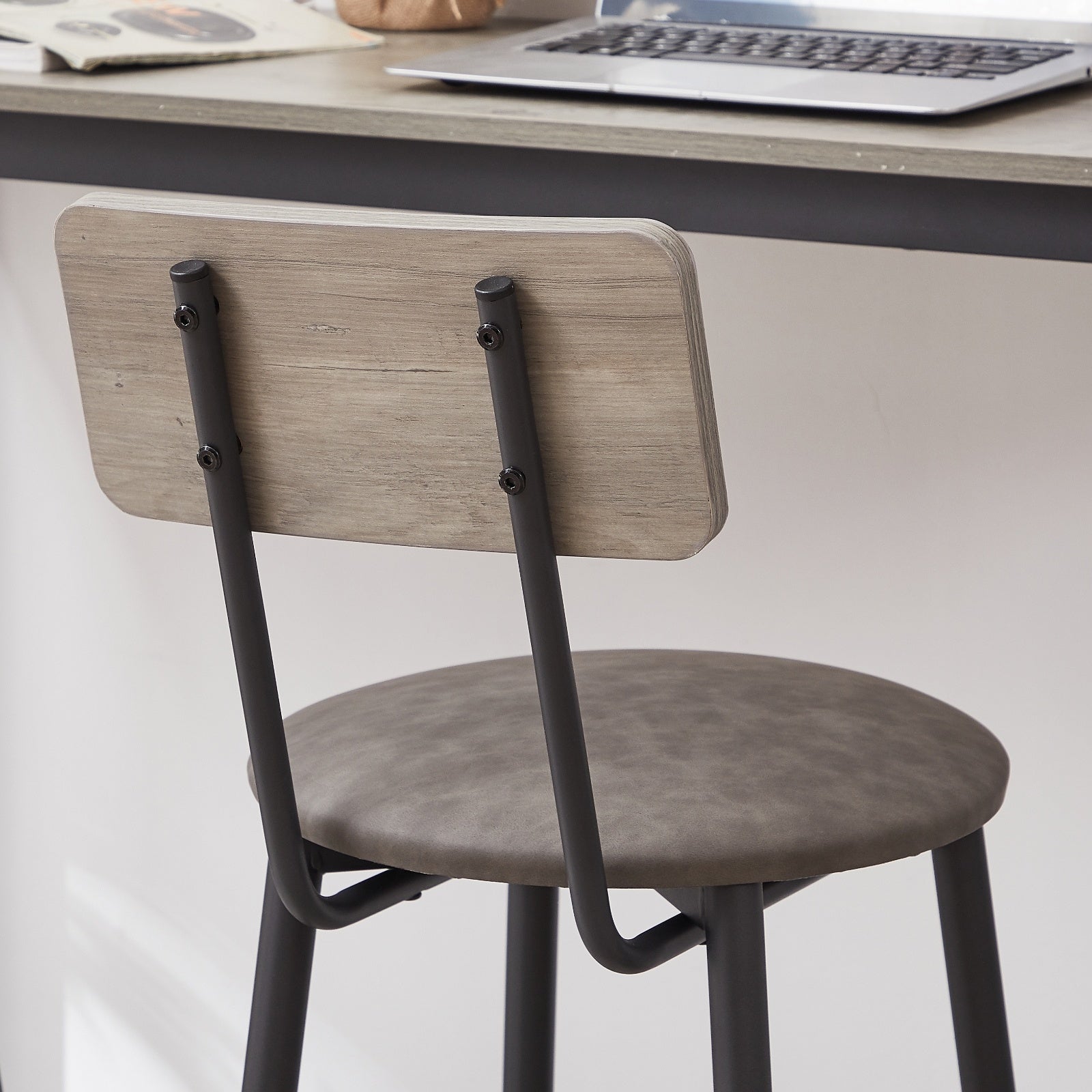 Bar Table Set With 2 Stools, PU Soft Seat & Backrest, Grey, 43.31x15.75x35.43 In