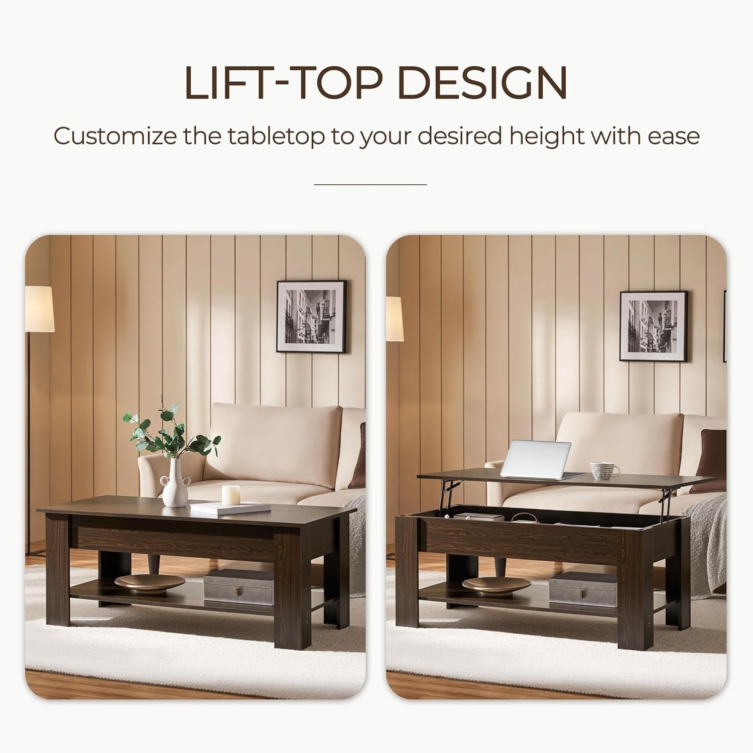 Lift Top Coffee Table with Hidden Compartment and Storage Shelf, Peach Maple