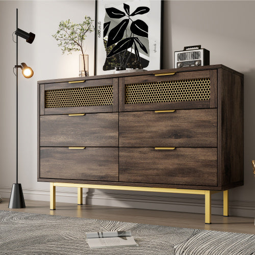 Sideboard Cabinet Dresser With 6 Drawers, Metal Handles Dresser, Multipurpose Cabinet For Hallway, Bedroom, Living Room, And Children's Room.120 X 40 X 76 Cm, Dark Brown