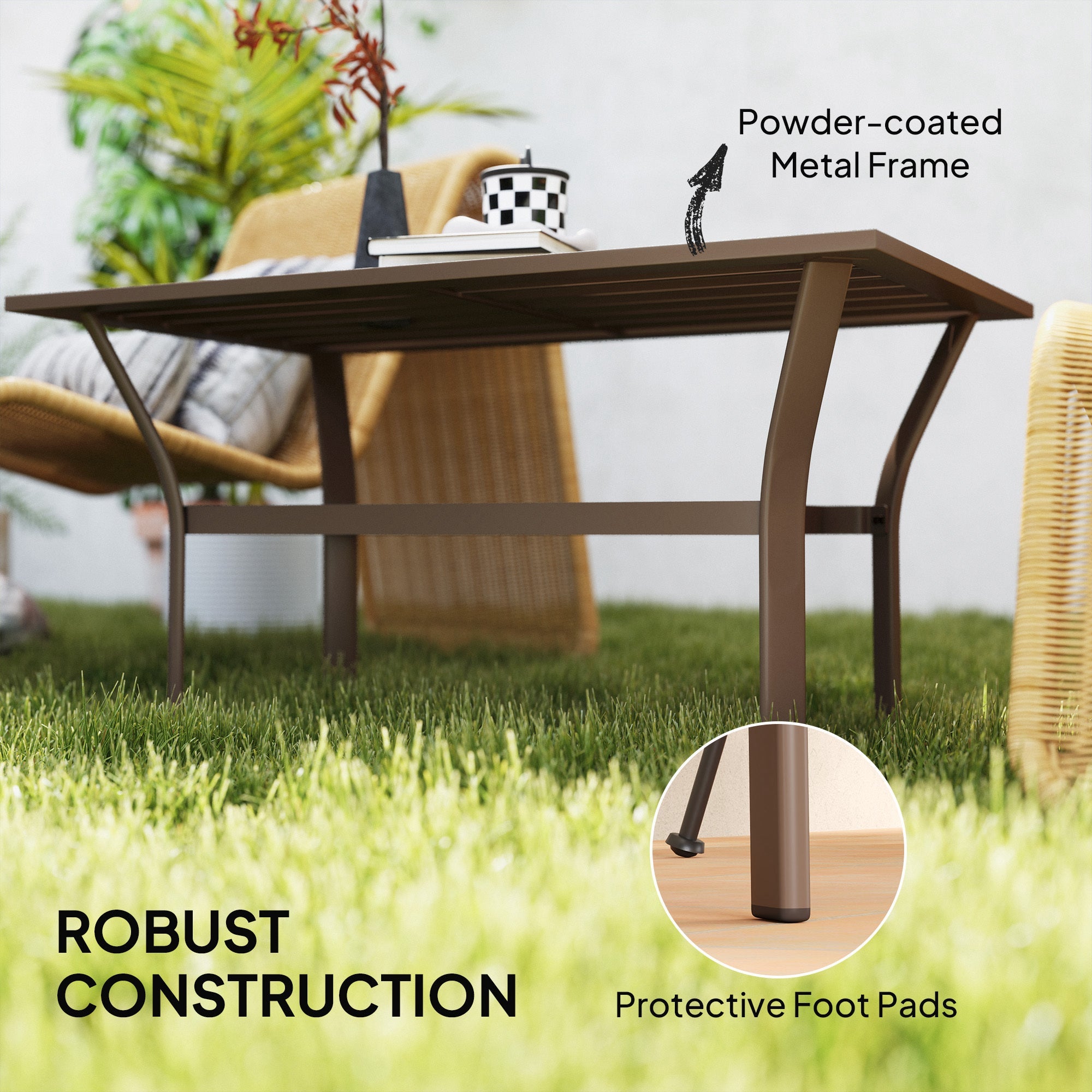 Outdoor Coffee Table With Slatted Tabletop, All-Weather Rectangle Metal Patio Coffee Table For Garden, Brown CJDropshipping