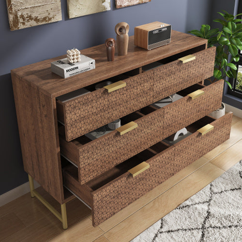Embossed Design Sideboard Cabinet Dresser With 6 Drawers, Anti-tip, Sideboard For Living Room, Hallway, Bedroom, And Children's Room, 120 X 40 X 75 Cm, Walnut