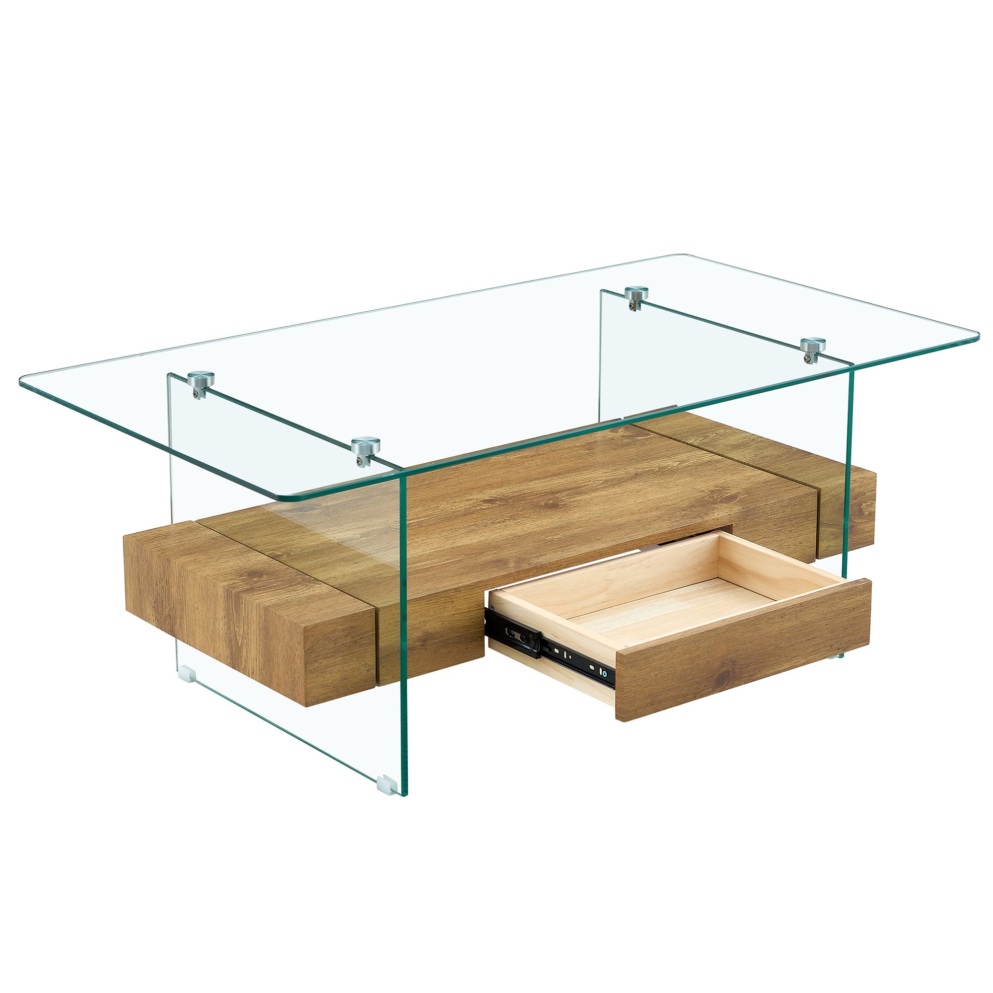 Modern Two-Tier Coffee Table - Clear Tempered Glass and Natural Wood Sangria Beech
