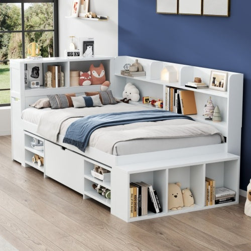Children's Bed, Single Bed-3ft 90x190cm, Single Bed, Multifunctional Children's Bed With Drawers, Bookcase And Storage Cupboard, Large Storage Space, Slatted Frame, Without Mattress, White