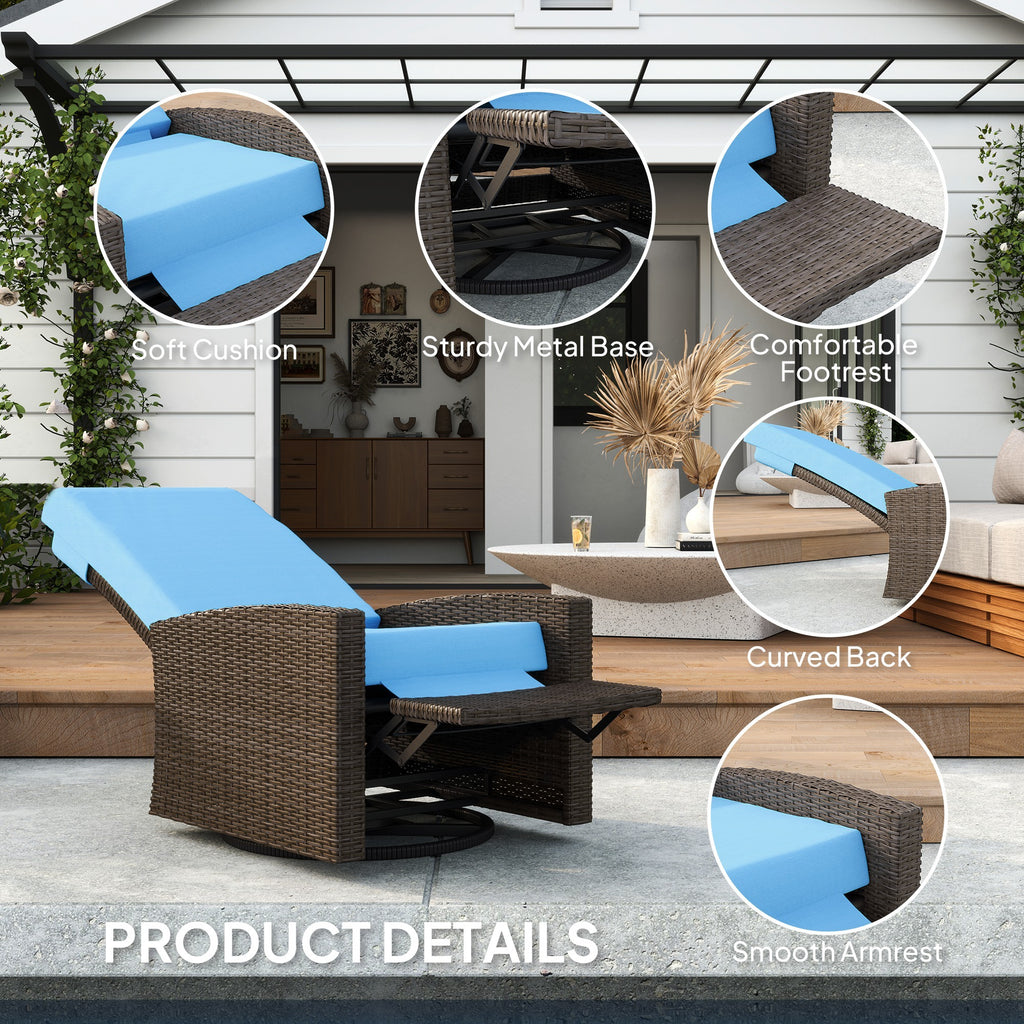 Outdoor Wicker Swivel Recliner Chair, Lifting Footrest, 360 Rotating Basic, Water-resistant Cushions, Sky Blue