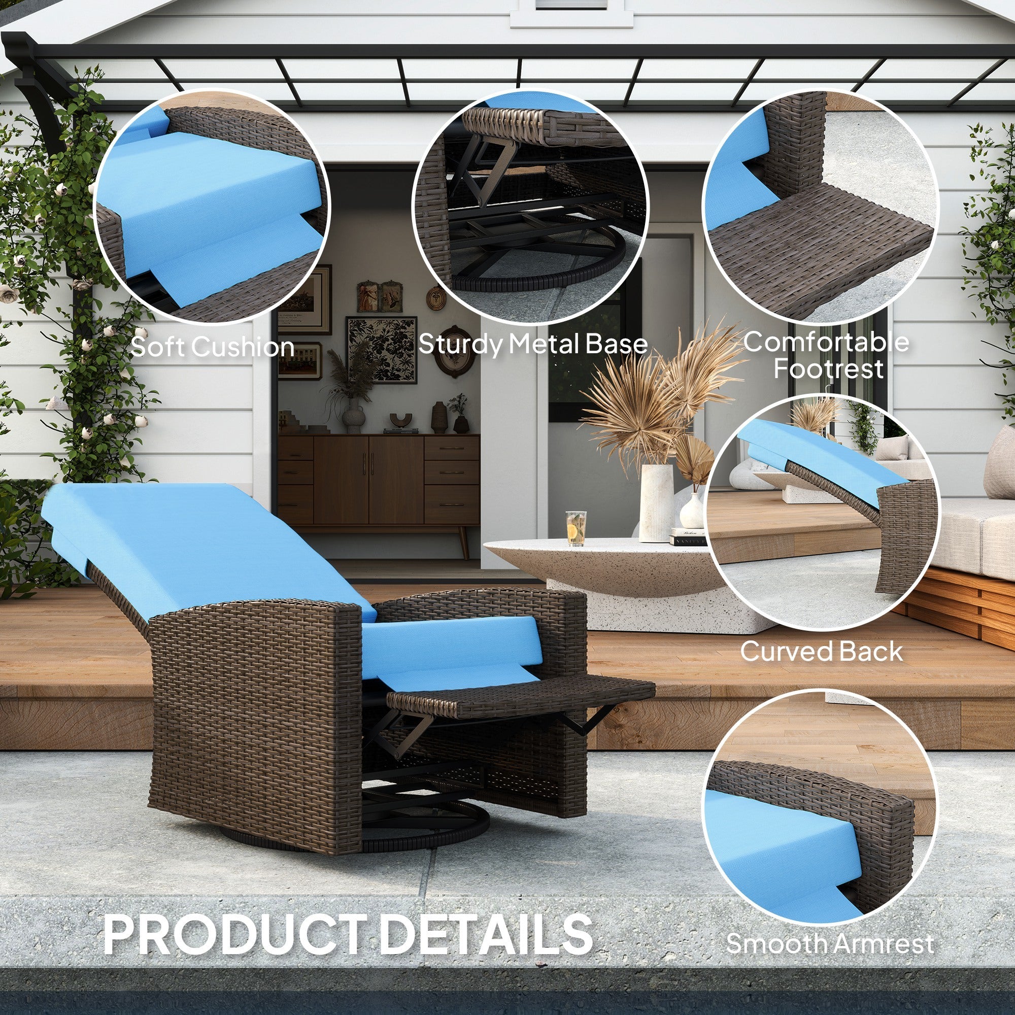 Outdoor Wicker Swivel Recliner Chair, Lifting Footrest, 360 Rotating Basic, Water-resistant Cushions, Sky Blue