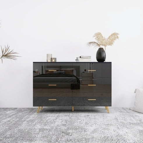 High Glossy Surface 6 Drawers Chest Of Drawer With Golden Handle And Golden Steel Legs White Color Vanity