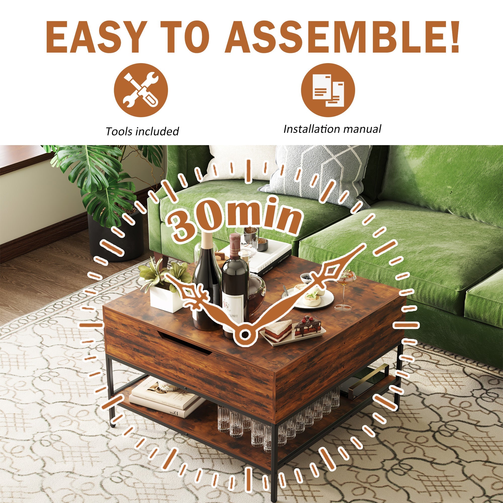 Farmhouse Flip Top Coffee Table With Storage Rustic Wood Grain Table, Hidden Storage Compartment For Living Room, Sturdy Metal Frame Easy To Assemble & Clean CJDropshipping