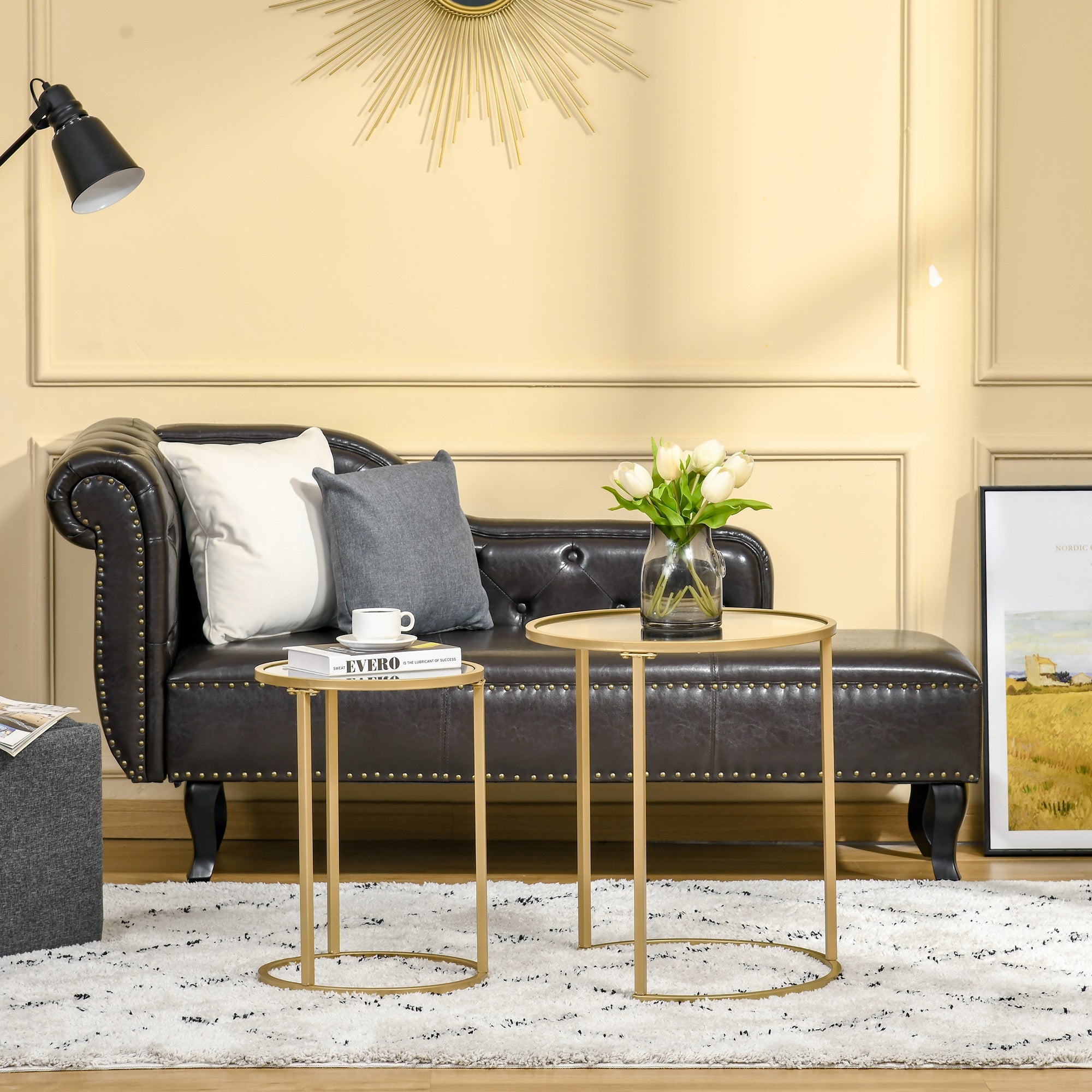 HOMCOM Set of 2 Nesting Tables with Metal Base, Round Side Coffee Taupe Shadow