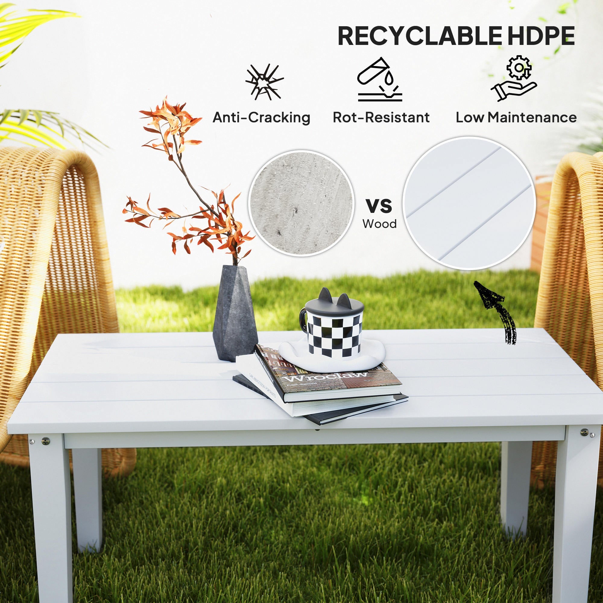 Rectangle Outdoor Coffee Table, HDPE All-Weather Outdoor Patio Table With Slatted Tabletop For Yard, Balcony, White CJDropshipping