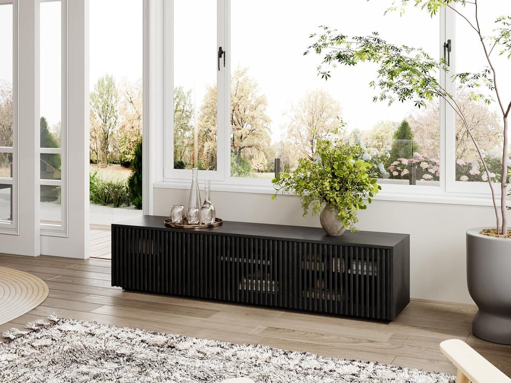 Modern Solid Wood TV Stand, Black Entertainment Center for 65 Inch TV, Peach Maple