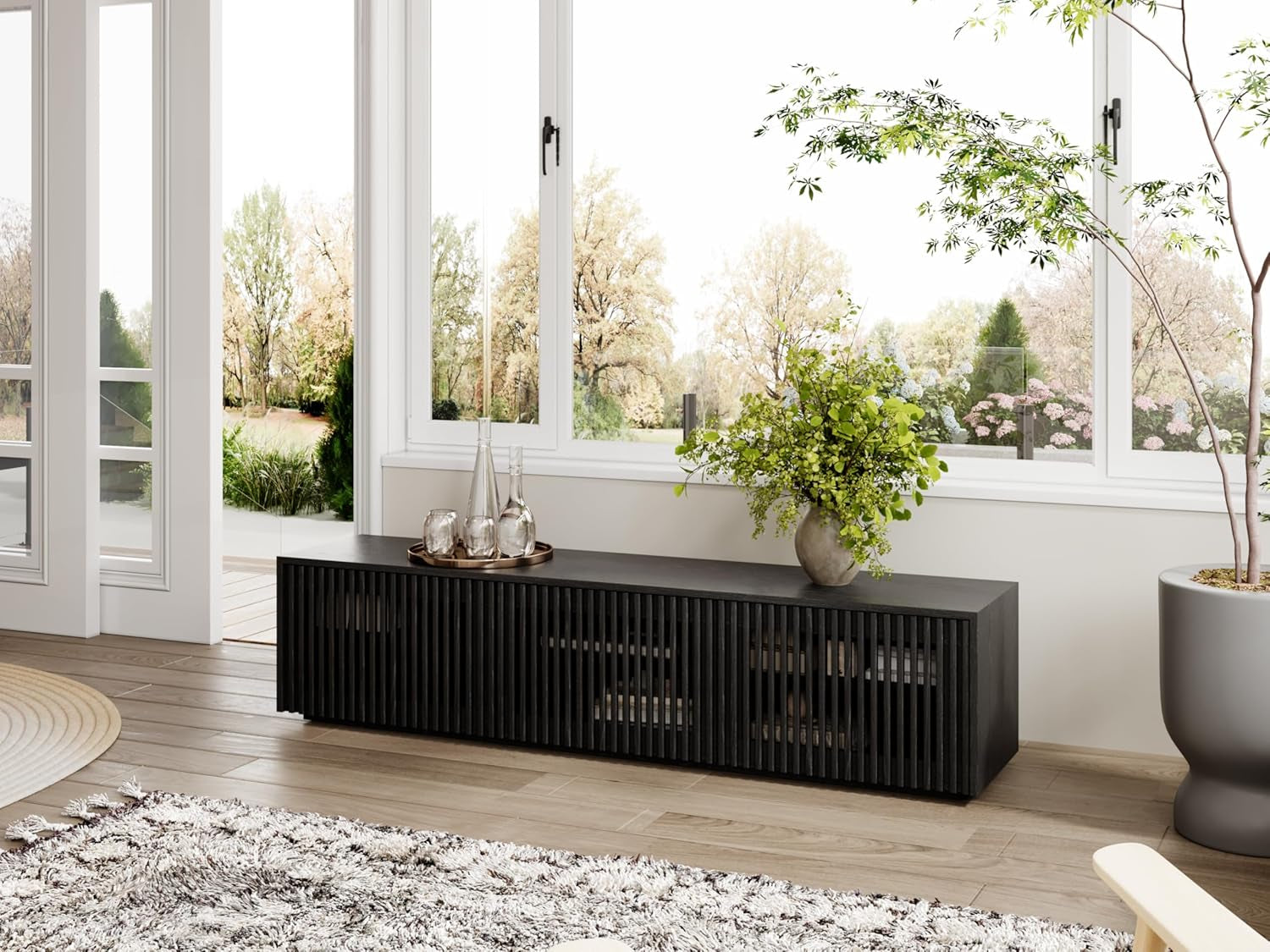 Modern Solid Wood TV Stand, Black Entertainment Center for 65 Inch TV, Peach Maple