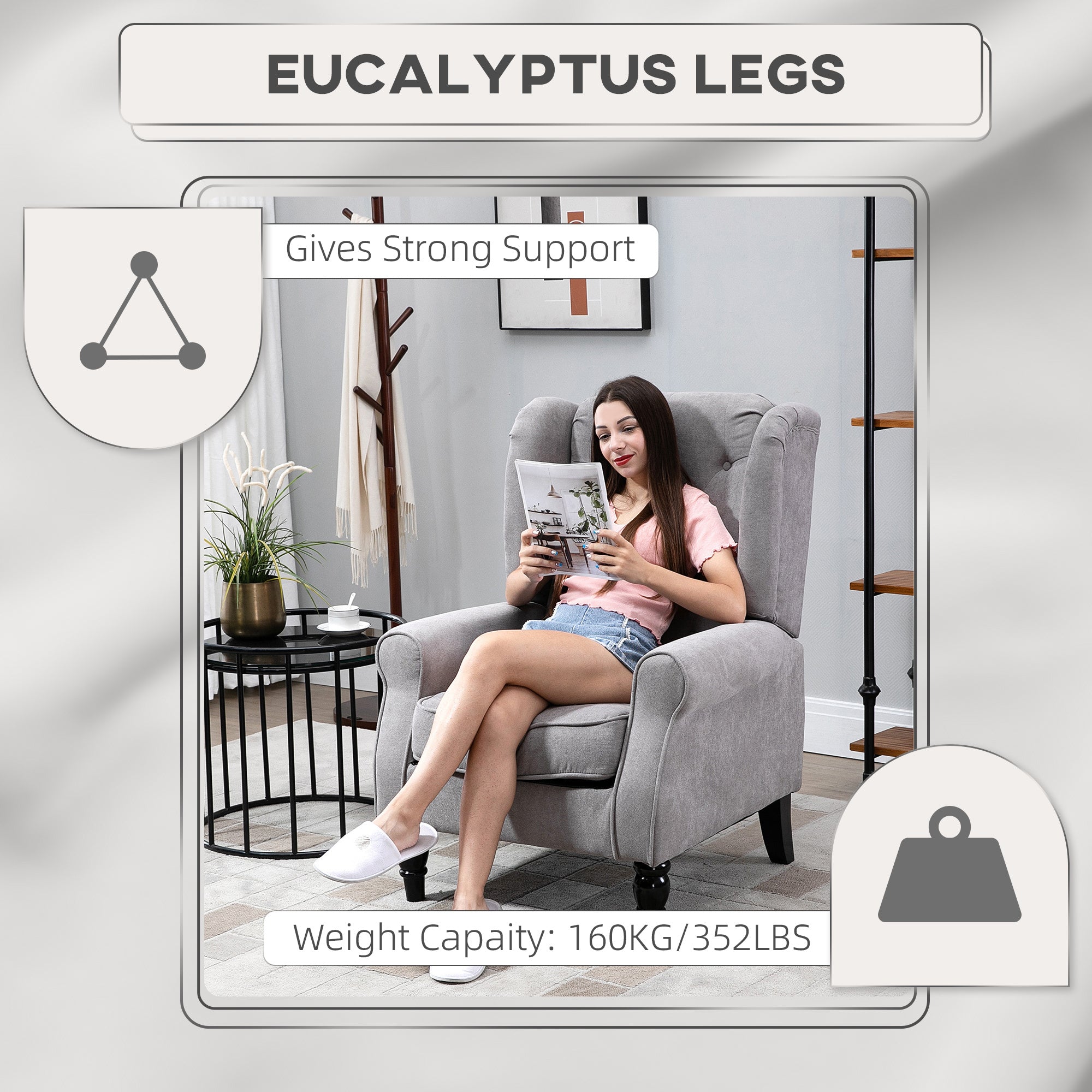 Gray Fabric Tufted Club Accent Chair With Removable Cushion, Wooden Legs