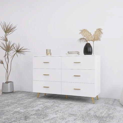 High Glossy Surface 6 Drawers Chest Of Drawer With Golden Handle And Golden Steel Legs White Color Vanity