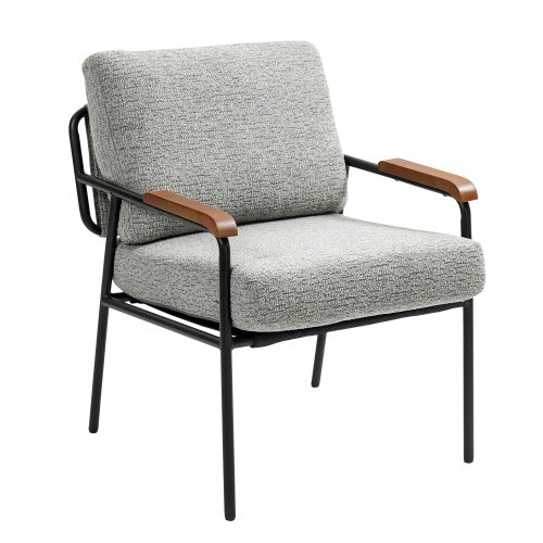 Modern Accent Chair With Natural Wood Armrests And Black Metal Frame, Light Beige Upholstered Seat And Backrest, Comfortable Lounge Chair For Bedroom, Living Room, Dining Room, Set Of 1