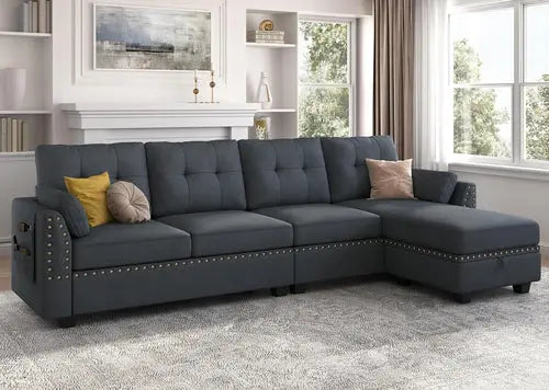 Bluish Grey Sectional Sofa L-Shaped, Convertible Peach Maple