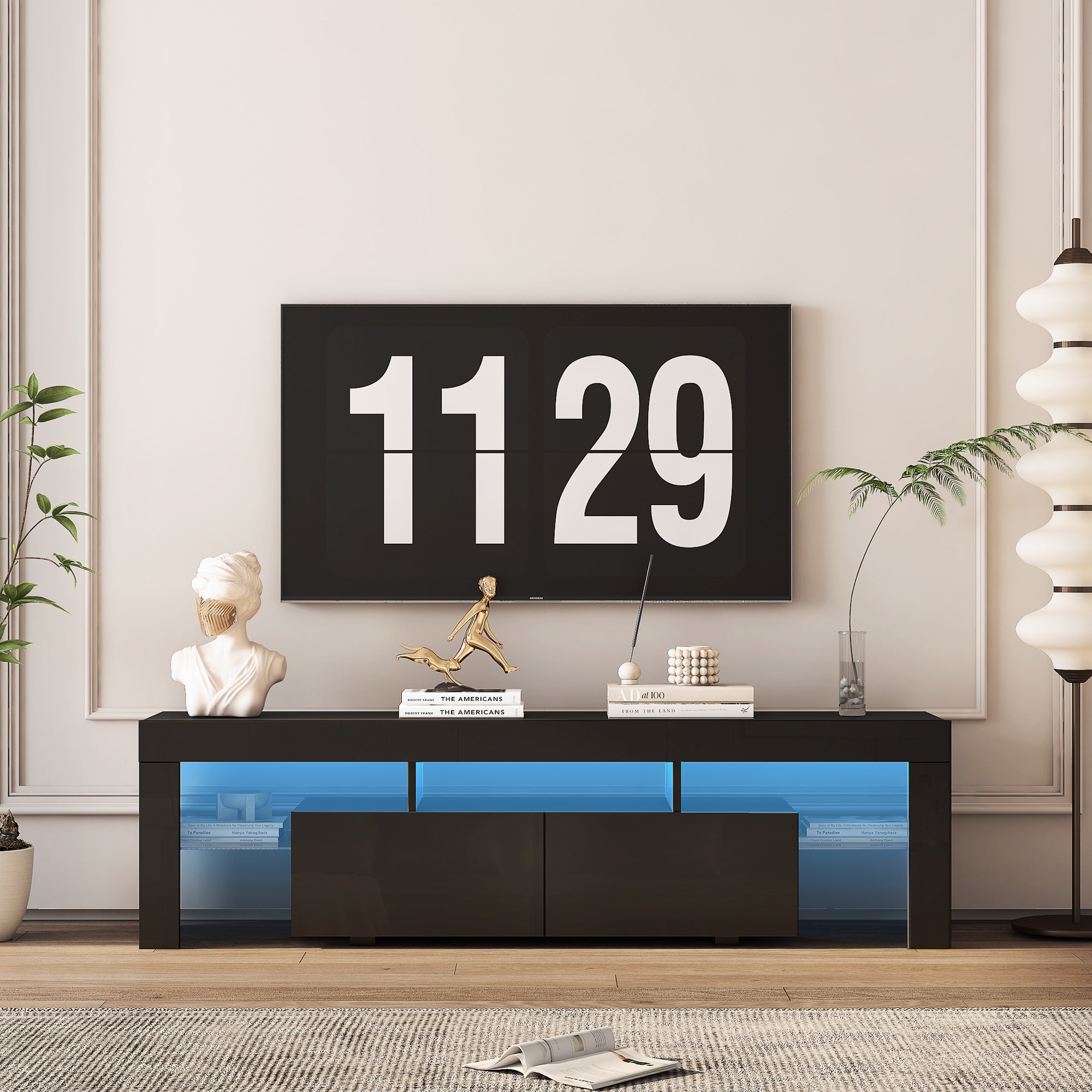 High Gloss TV Stand With LED Lights For TVs Up To , Modern TV Console With Storage Cabinets For Living Room,Black