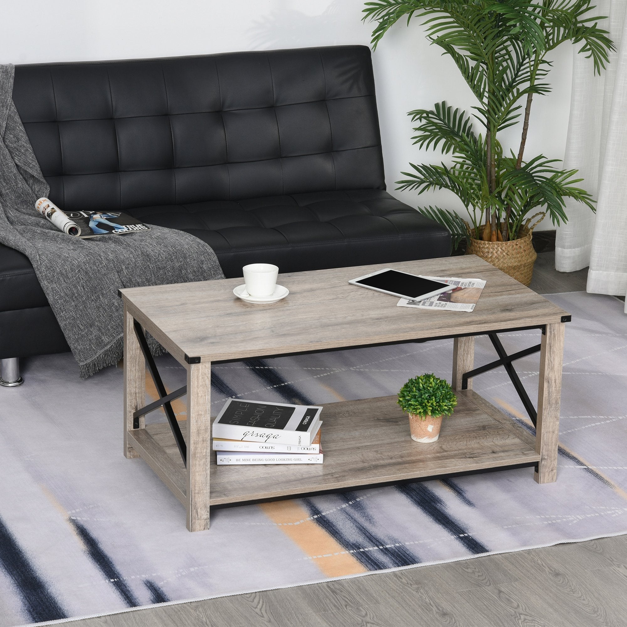 HOMCOM Industrial Coffee Table, Sofa Side Table with Bottom Storage Taupe Shadow