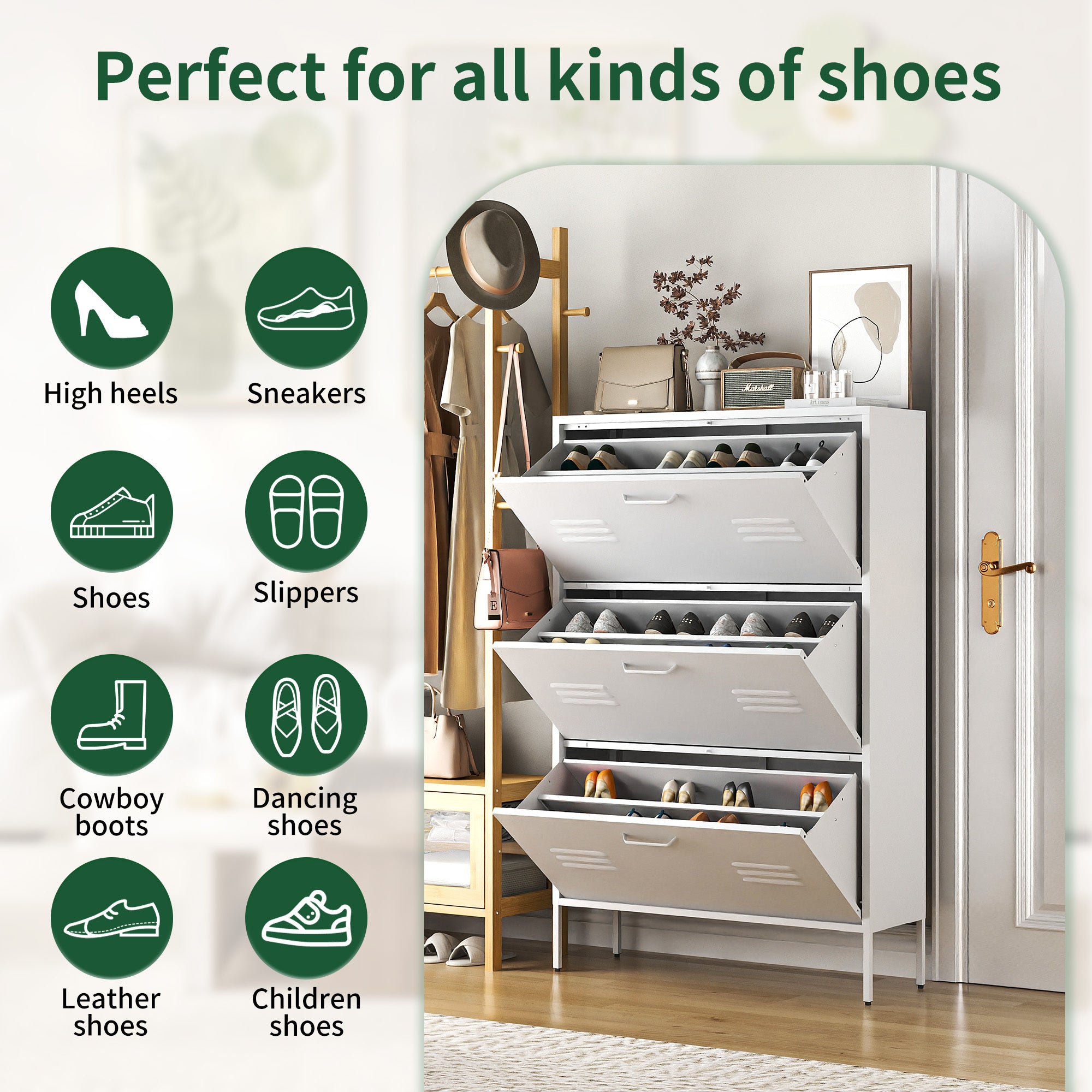 Shoe Storage Cabinet With 3 Flip Drawers, Freestanding Shoe Cabinet Organizer With Metal  Frame For Entryway, Hallway, Foyer, White
