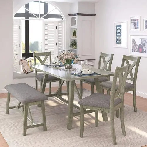 Rustic Gray Wooden 6-Piece Dining Table Set with Cushioned Chairs and Peach Maple