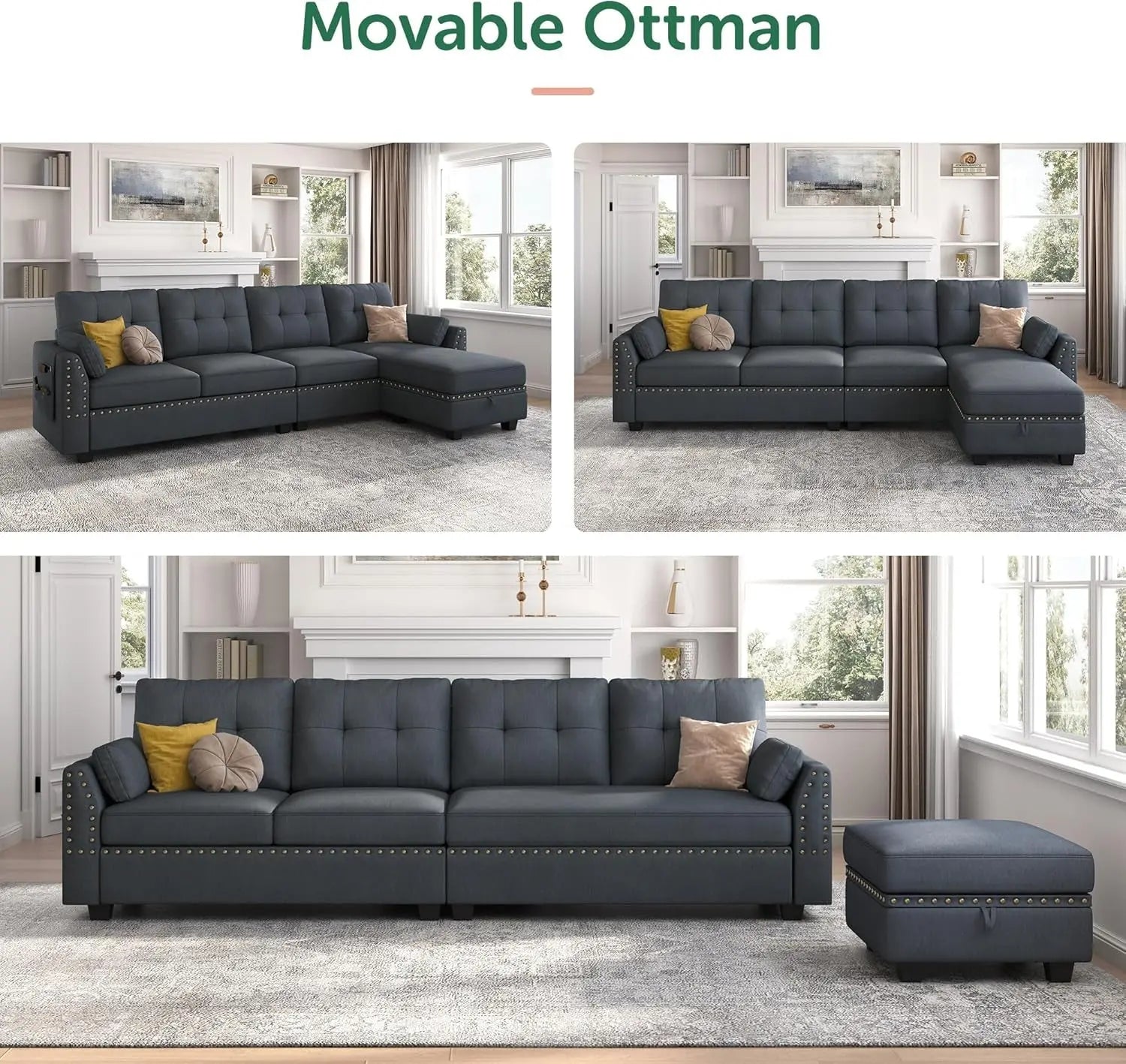 Bluish Grey Sectional Sofa L-Shaped, Convertible Peach Maple