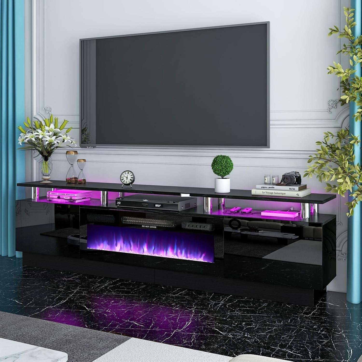 80" Modern Electric Fireplace TV Stand for Tvs up to 90 Inch, with Peach Maple