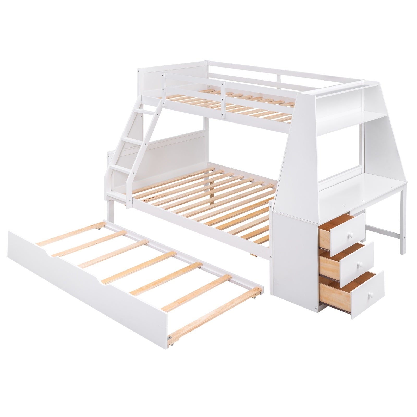 Twin Full Bunk Bed W  Trundle, Desk, 3 Drawers   Shelf - White