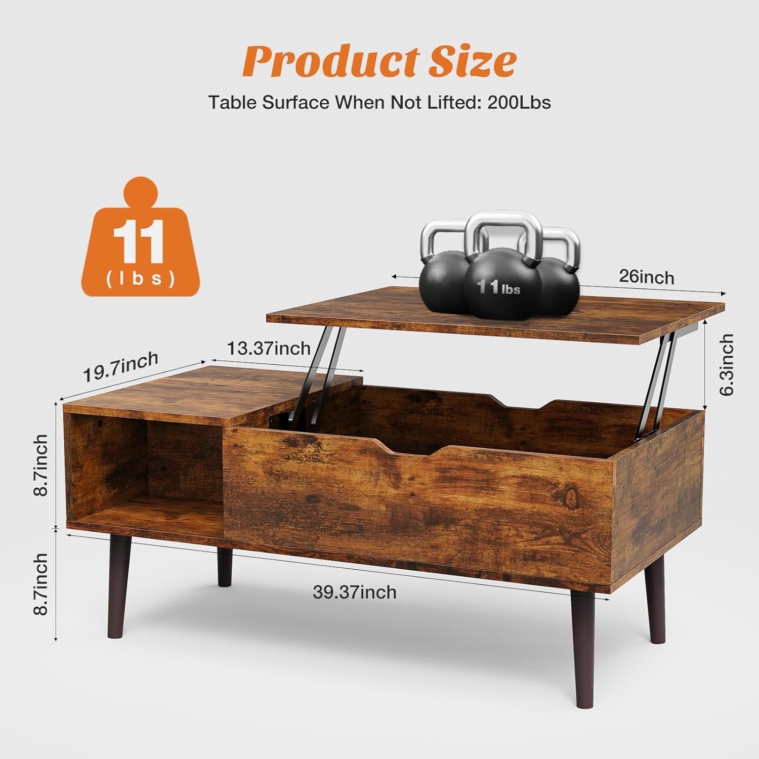 Coffee Table, Lift Top Coffee Tables for Living Room, Small Rising Peach Maple