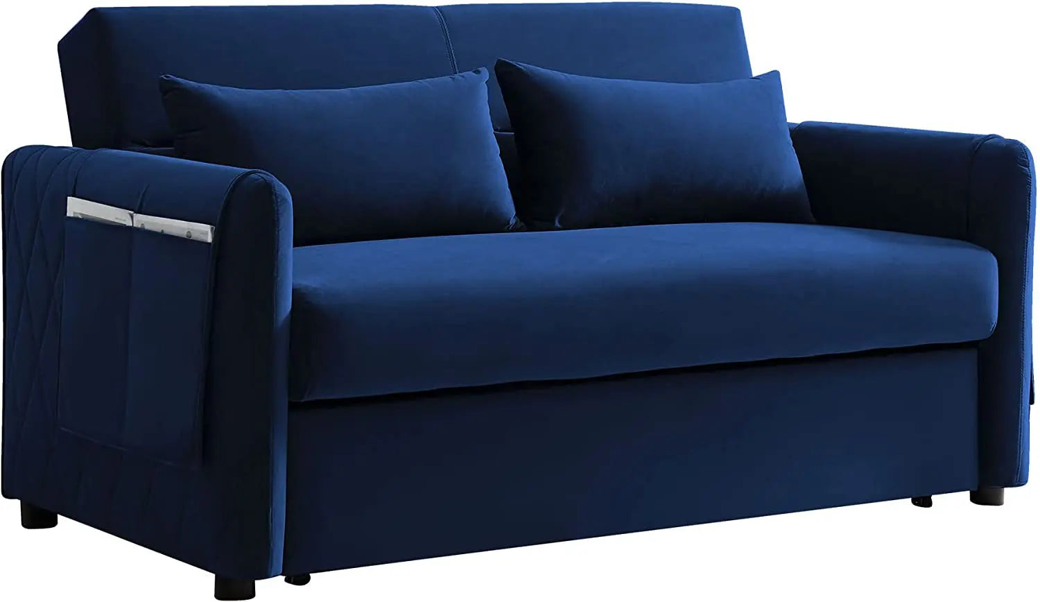 Blue Velvet Convertible Sofa Bed with Adjustable Backrest Peach Maple