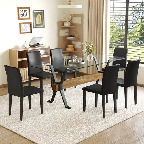 Table and chair set.79'x31.5' Inch Tempered Glass Tabletop With Sangria Beech