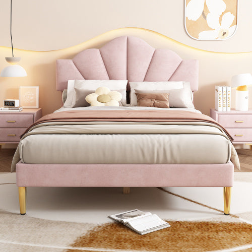 Velvet Upholstered Bed,King Size Bed-5ft 150x200cm  Shell-like Bed With Golden Iron Legs, Height-adjustable Headboard, Wooden Slatted Frame