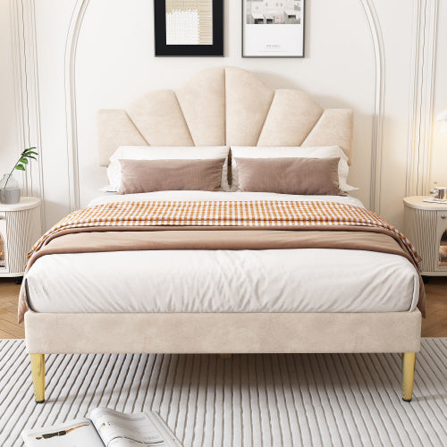 Velvet Upholstered Bed,Double Bed-4ft6 135x190cm, Shell-like Bed With Golden Iron Legs, Height-adjustable Headboard, Wooden Slatted Frame, Beige