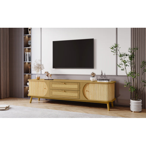 Rattan TV Stand For TVs Up To 75'', Modern Farmhouse Media Console, Entertainment Center With Solid Wood Legs, TV Cabinet For Living Room,Home Theatre