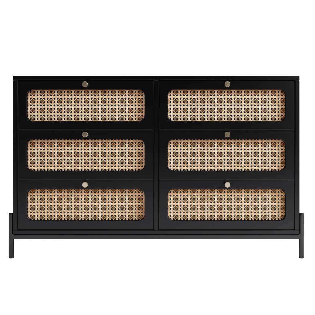 Modern Cannage Rattan Wood Closet 6-Drawer Dresser Wood Storage Cabinet Sideboard For Bedroom, Livin