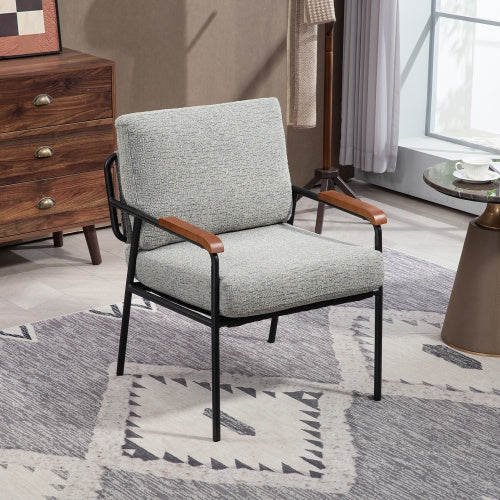 Modern Accent Chair With Natural Wood Armrests And Black Metal Frame, Light Beige Upholstered Seat And Backrest, Comfortable Lounge Chair For Bedroom, Living Room, Dining Room, Set Of 1