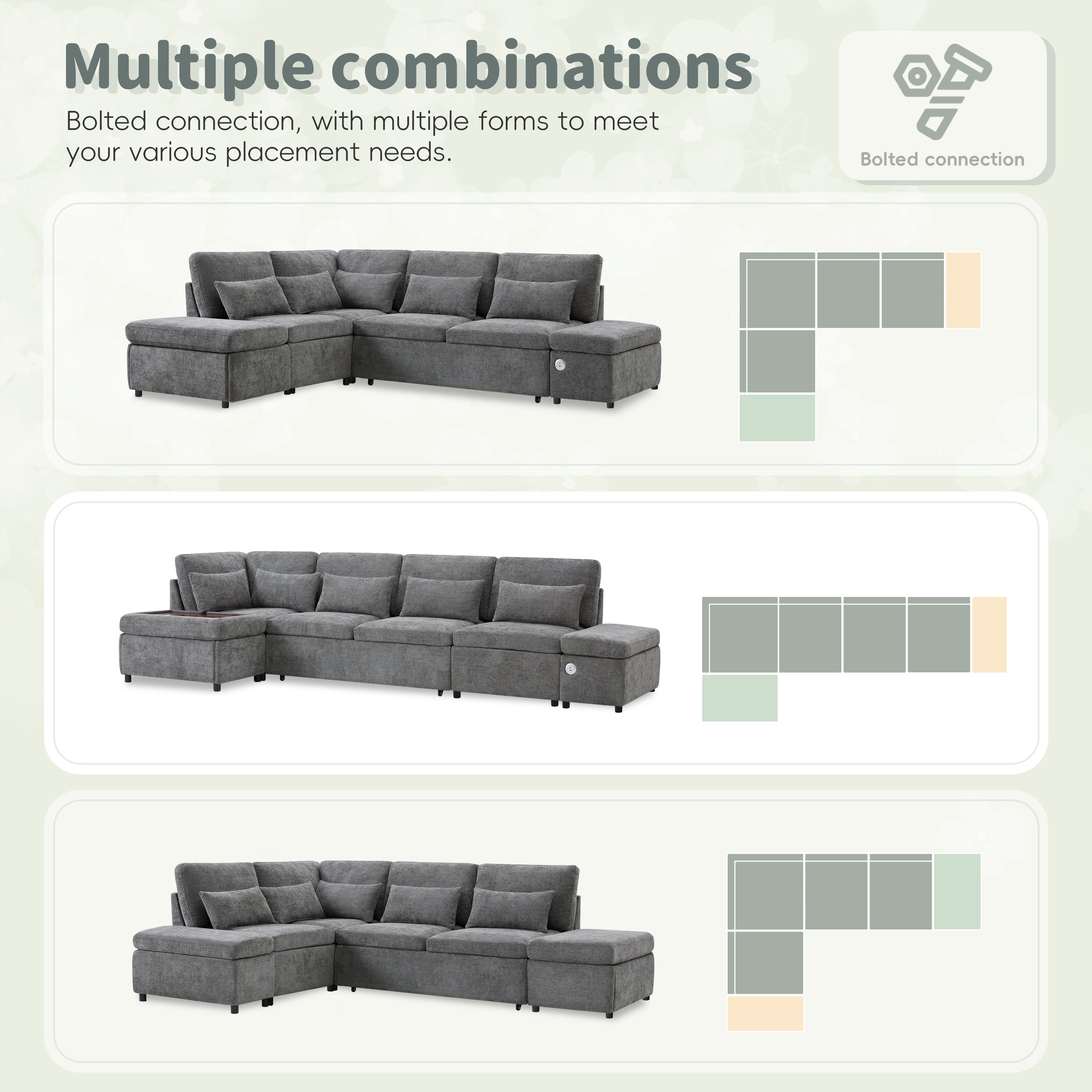 107'' Modular Sectional Pull-out Sofa, L shape with Wide Seats, Free