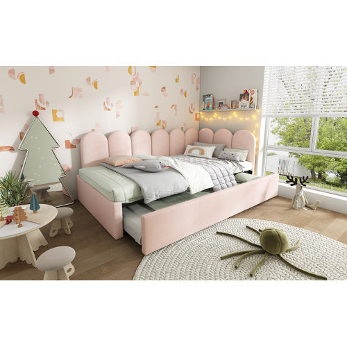 Upholstered Bed Daybed With Pull-Out Bed, 3FT Single Sofa Bed 90X190Cm,Guest Beds For Adults And Children, Bed With Metal Slatted Frame, Velvet, Pink No Mattress