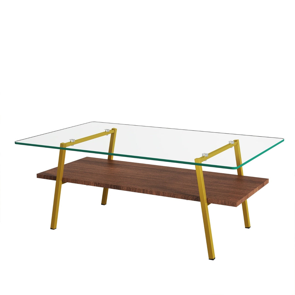 Rectangle Coffee Table, Tempered Glass Tabletop With Gold Metal Legs, Modern Table For Living Room , CJDropshipping