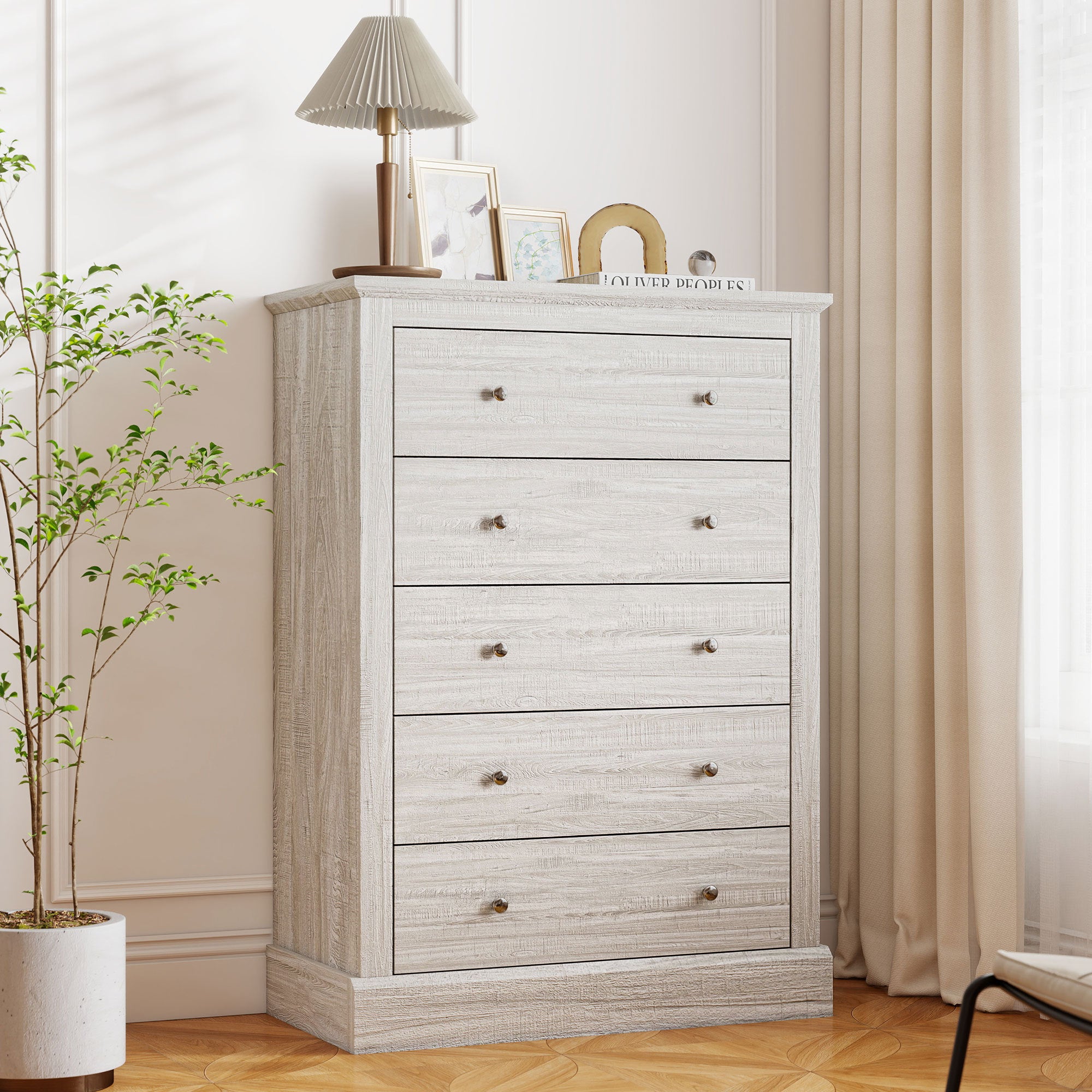31 Wide Farmhouse Chest Of Drawers With 5 Drawers, Dresser For Bedroom With Wood Top For Living Room, Dirty Oak