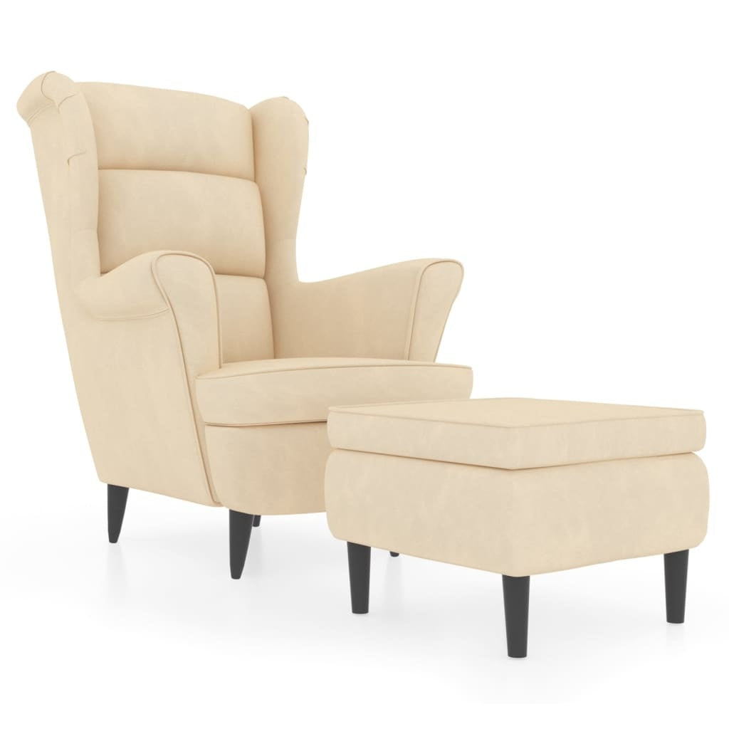 Wingback Chair with Footstool Cream Velvet