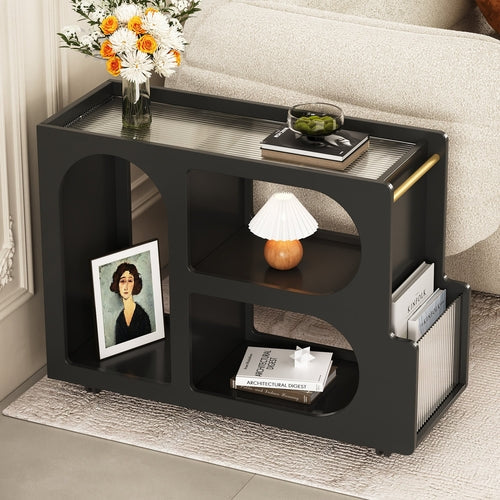 Mobile End Table with Lockable Wheels, Narrow Coffee Table with 5mm Blue Strawberry