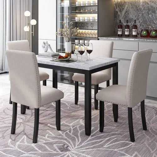 Faux Marble 5-Piece Dining Set Table with 4 Thicken Cushion Dining Crimson Medea