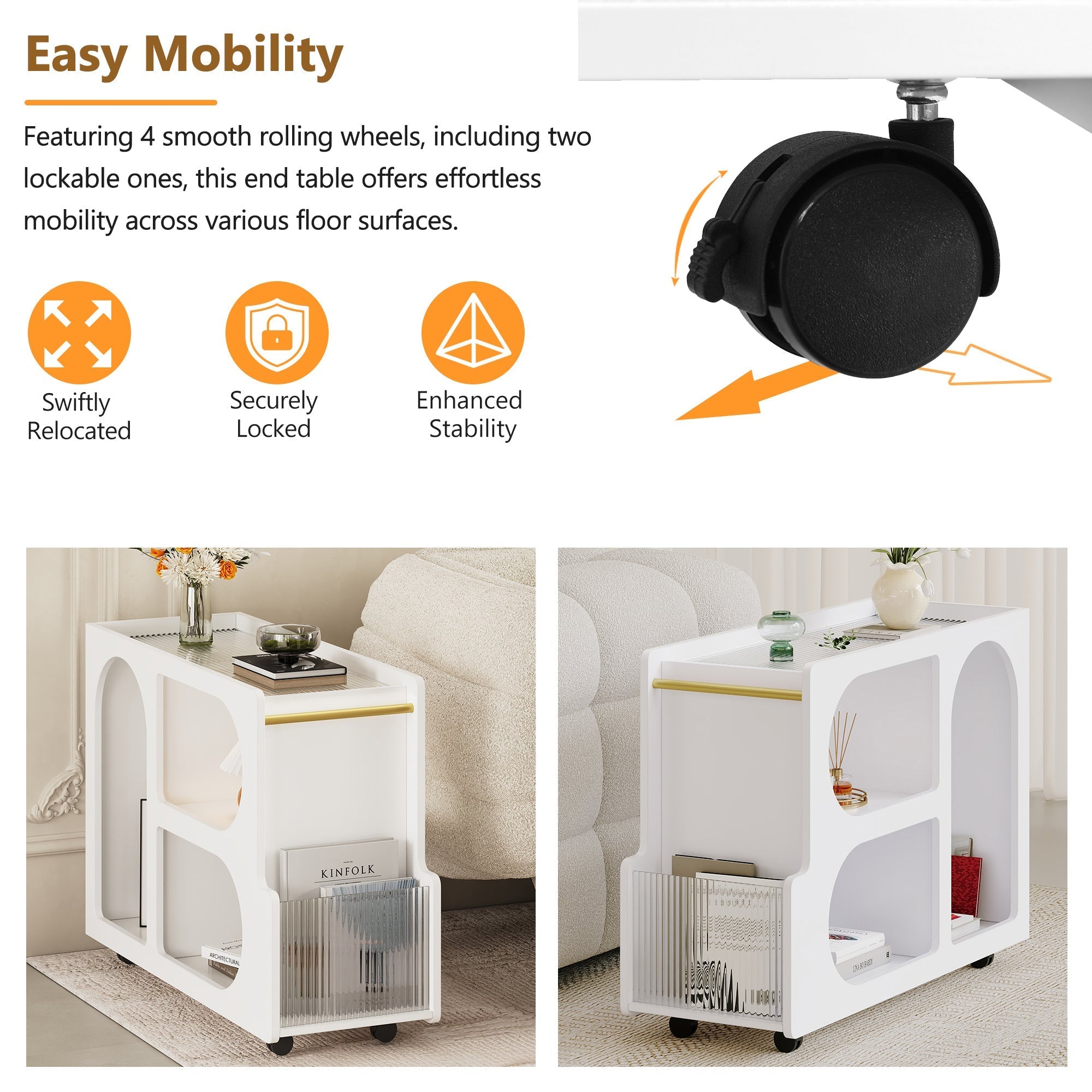 Mobile End Table with Lockable Wheels, Narrow Coffee Table with 5mm Blue Strawberry