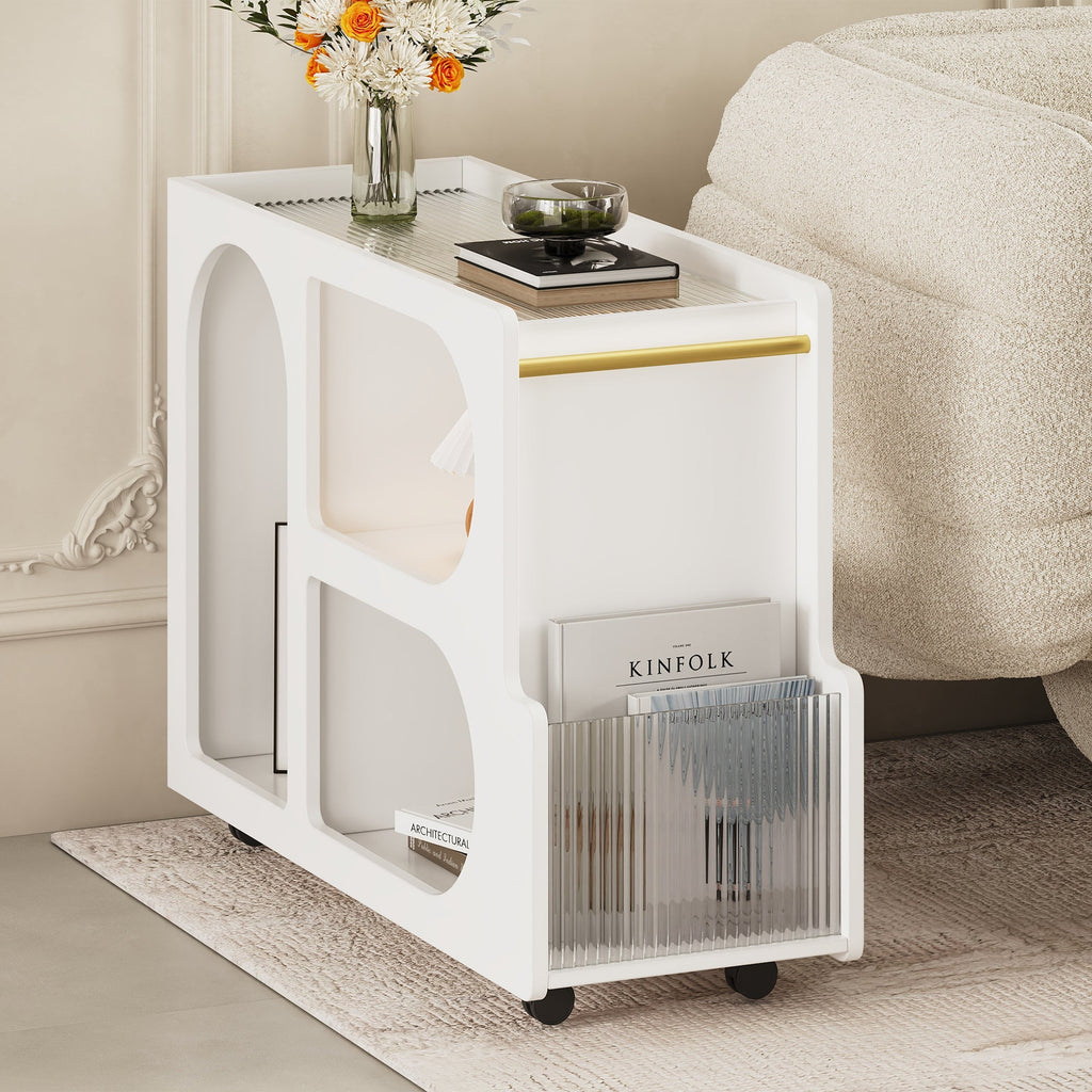 Mobile End Table with Lockable Wheels, Narrow Coffee Table with 5mm Blue Strawberry