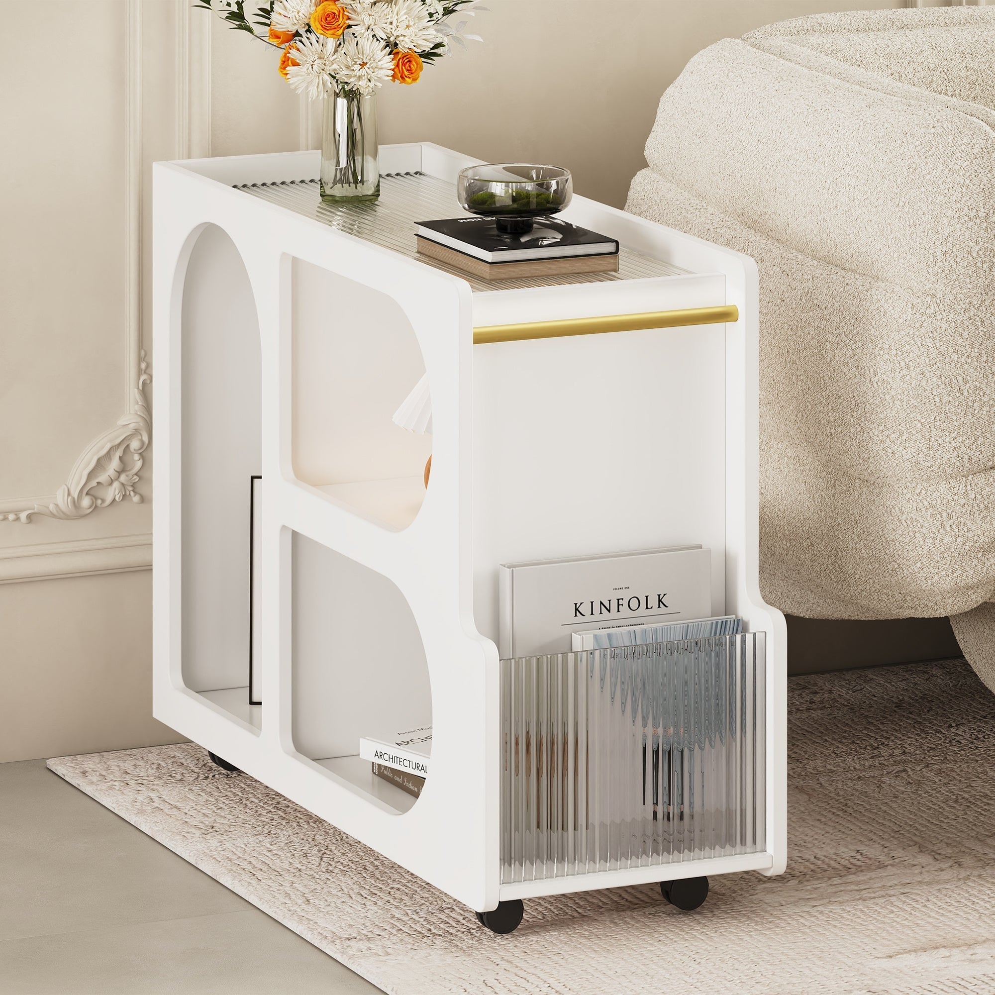 Mobile End Table with Lockable Wheels, Narrow Coffee Table with 5mm Blue Strawberry