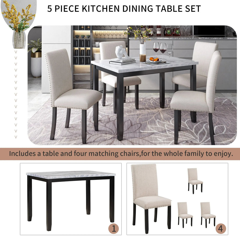Faux Marble 5-Piece Dining Set Table with 4 Thicken Cushion Dining Crimson Medea