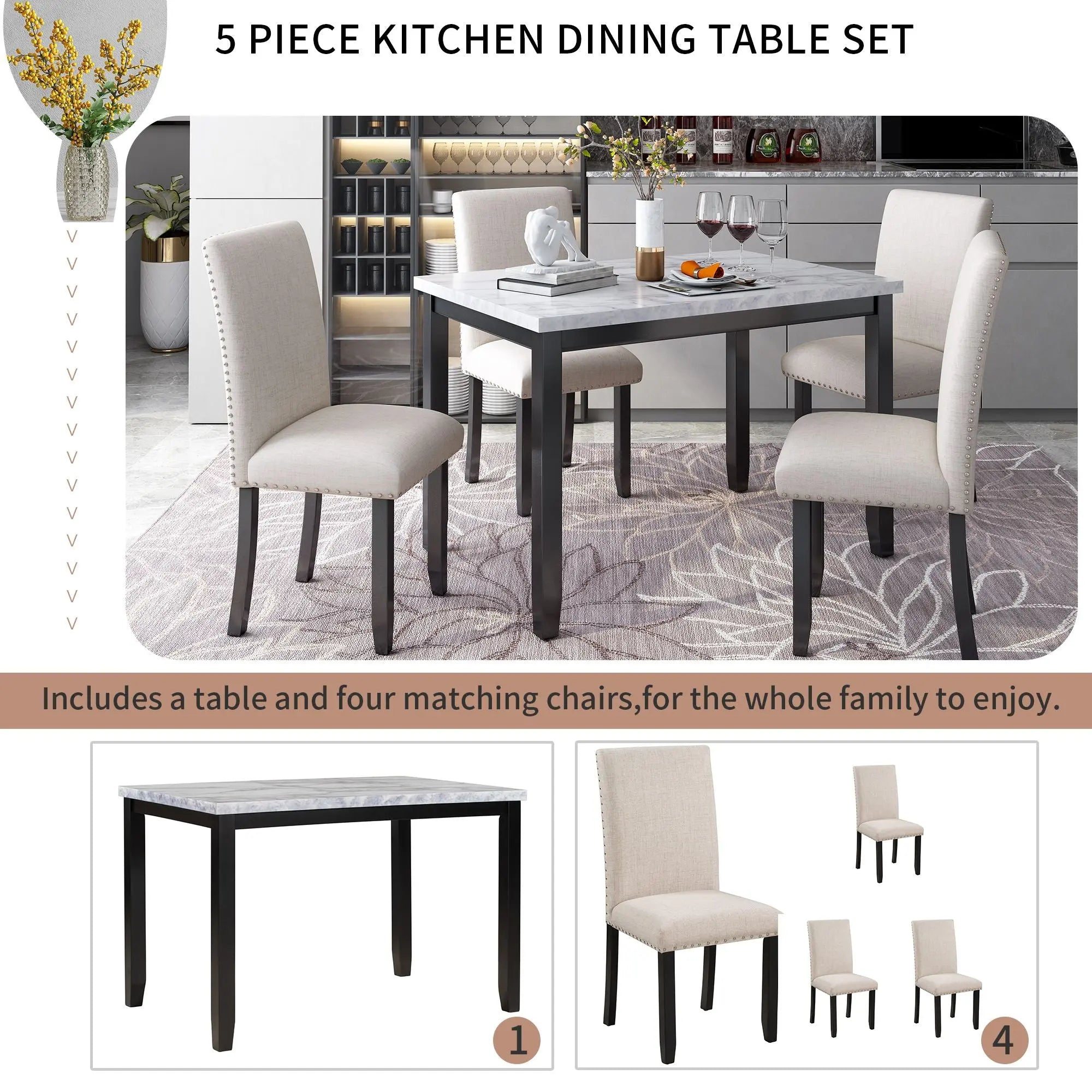 Faux Marble 5-Piece Dining Set Table with 4 Thicken Cushion Dining Crimson Medea