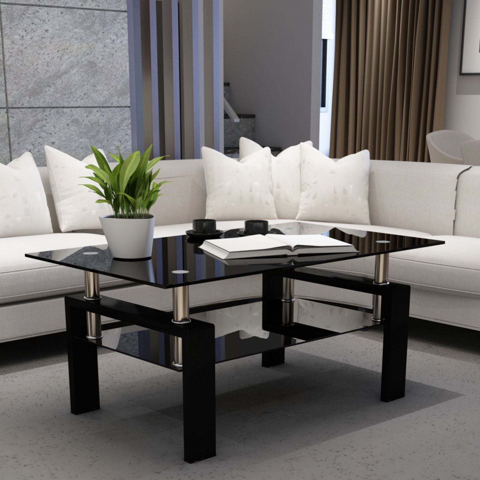 Rectangle Black Glass Coffee Table, Clear Coffee Table,Modern Side Crimson Medea