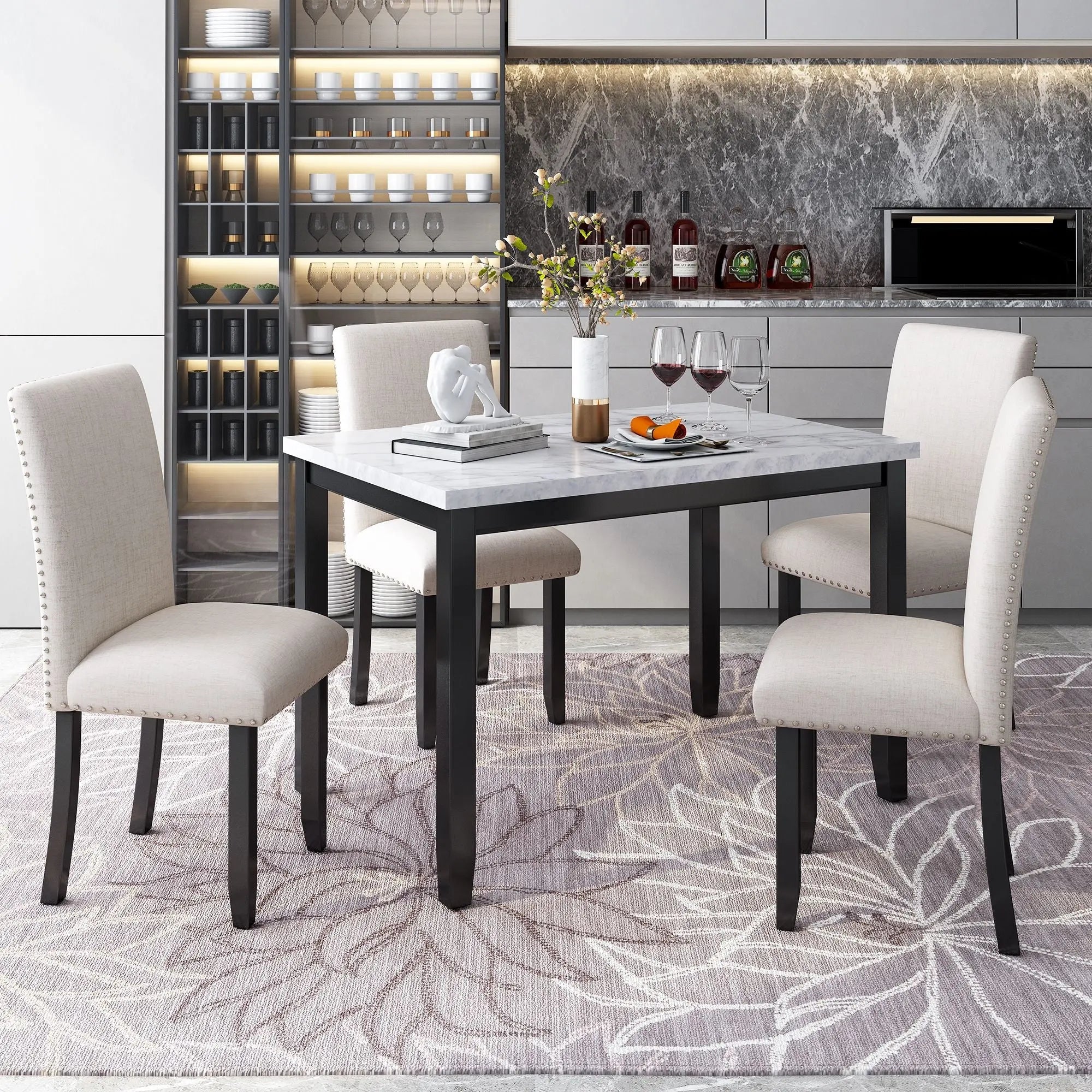 Faux Marble 5-Piece Dining Set Table with 4 Thicken Cushion Dining Crimson Medea